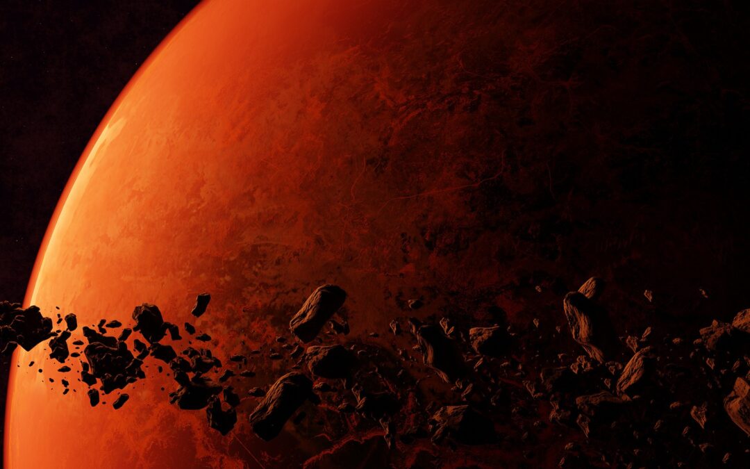Illustration of an asteroid belt around an orange planet as seen from space.